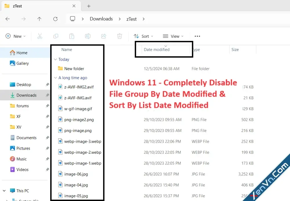 Windows 11 - Completely Disable File Group By Date Modified & Sort By List Date Modified.webp
