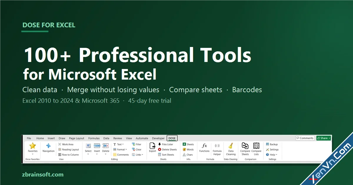 Zbrainsoft Dose for Excel - Excel Add-In with 100+ Professional Tools.webp